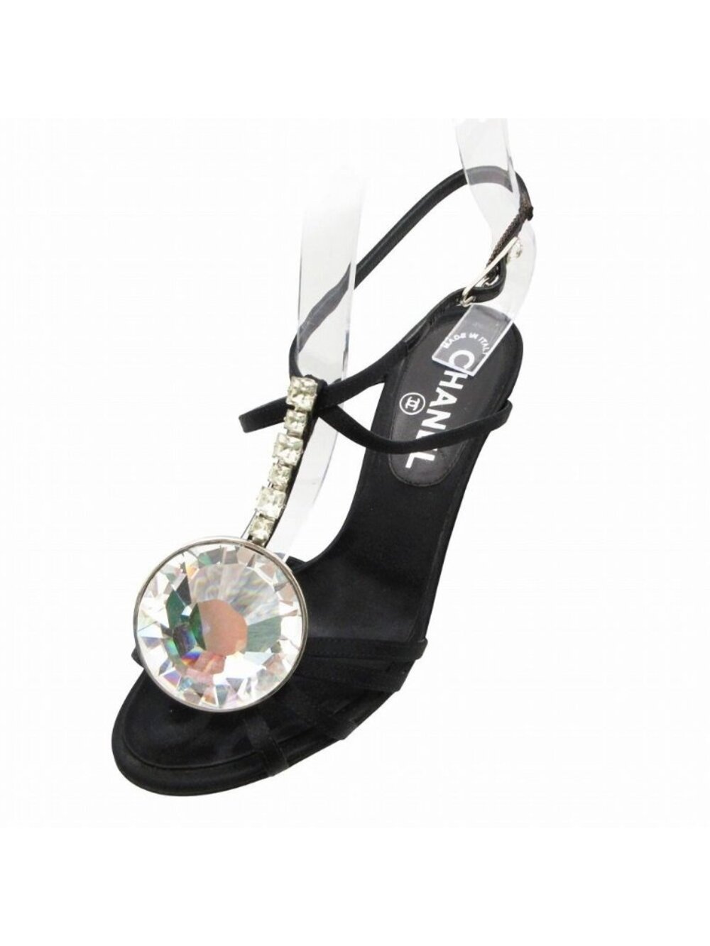 Chanel Sandals Bijou Crystal Stone Satin Strap Shoes Black